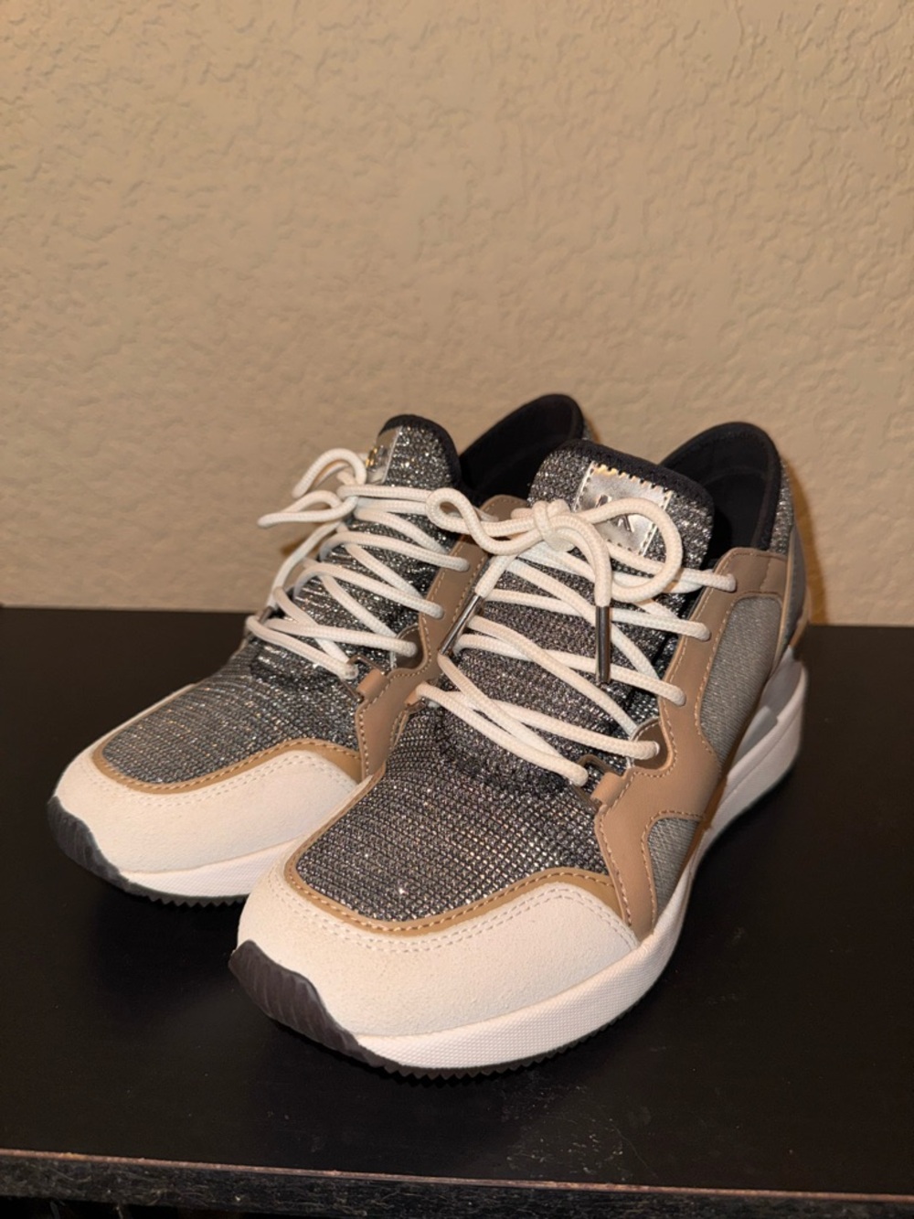 Michael Kors Silver Glitter, White & Tan Athletic Sneakers